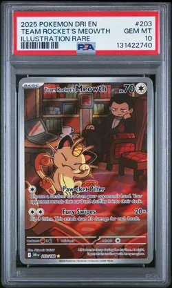 2025 POKEMON DESTINED RIVALS ILLUSTRATION RARE #203 TEAM ROCKET'S MEOWTH PSA 10 - Image 1