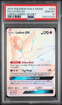 2019 POKEMON SUN & MOON UNIFIED MINDS SECRET #243 FULL ART/LATIOS GX PSA 10 - Image 1