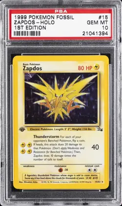 1999 POKEMON FOSSIL 1ST EDITION #15 ZAPDOS-HOLO PSA 10 - Image 1