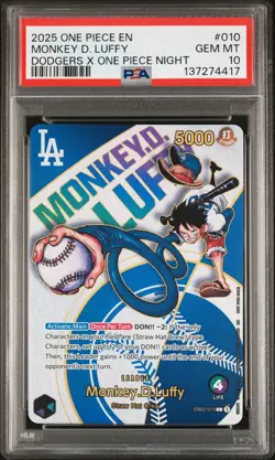 2025 ONE PIECE PROMOS DODGERS X ONE PIECE NIGHT #010 MONKEY D. LUFFY PSA 10 - Image 1
