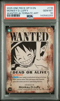 2025 ONE PIECE OP13-CARRYING ON HIS WILL #118 MONKEY D. LUFFY PSA 10 - Image 1