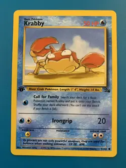1st Edition Krabby 51/62 Fossil Set Rare Vintage 1999 Pokemon Card - NM - Image 1