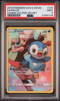 2019 POKEMON SUN & MOON COSMIC ECLIPSE SECRET #239 FULL ART/PIPLUP PSA 9 - Image 1