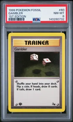 1999 POKEMON FOSSIL 1ST EDITION #60 GAMBLER PSA 8 - Image 1
