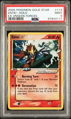 2005 POKEMON EX UNSEEN FORCES #113 ENTEI GOLD STAR HOLO EX PSA 9 - Image 1