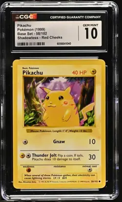 1999 Pokemon Red Cheeks Pikachu Base Set Shadowless 58/102 CGC 10 - Image 1