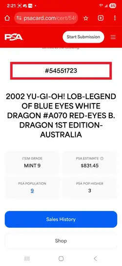 2002 Yugioh LOB Red Eyes Black Dragon LOB-A070 1st Edition Australia PSA 9 - Image 3