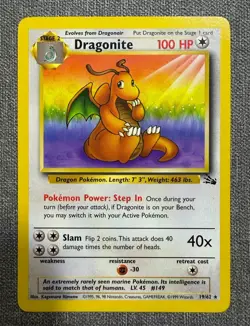 Pokemon TCG Dragonite 19/62 Fossil Non-Holo Rare Card 1999 Vintage NEAR MINT - Image 1