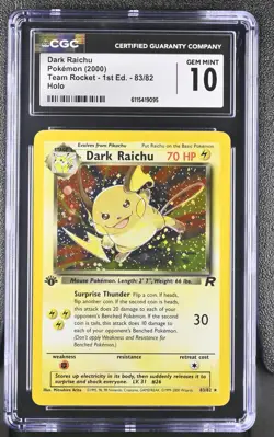 CGC 10 GEM MINT Dark Raichu Team Rocket 1st Edition 83/82 Holo Pokemon Card - Image 1