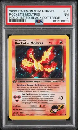 Rocket’s Moltres #12 Gym Heroes Holo 1st Ed PSA 7 Double Black Dot Error + Swirl - Image 1