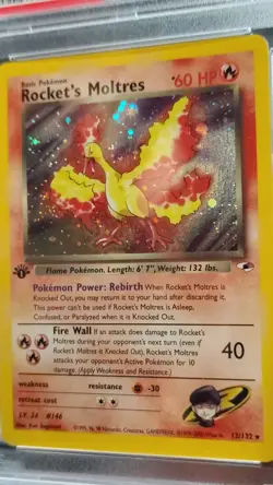 Rocket’s Moltres #12 Gym Heroes Holo 1st Ed PSA 7 Double Black Dot Error + Swirl - Image 5
