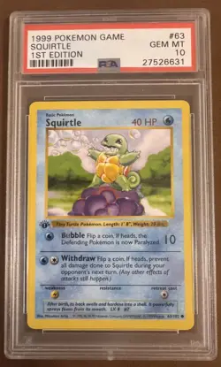 1999 Squirtle Pokemon Base Set Shadowless 1st Edition #63 PSA 10 GEM MINT - Image 1