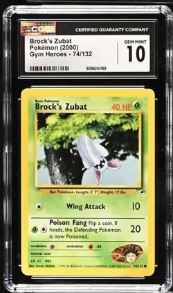 Pokemon Brock's Zubat 2000 Gym Heroes 74/132 CGC 10 - Image 1