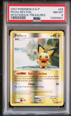 2007 POKEMON DIAMOND & PEARL MYSTERIOUS TREASURES #93 PICHU REVERSE PSA 9 - Image 1