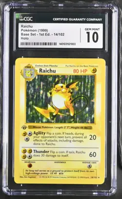 Pokemon 1999 1st Edition Base Set Shadowless Raichu Holo 14/102 CGC 10 POP 29! - Image 1