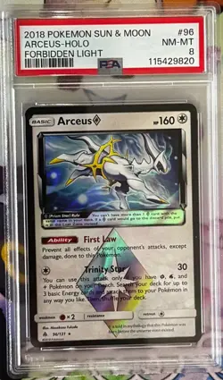 2018 ARCEUS #96 POKEMON SUN & MOON FORBIDDEN LIGHT HOLO PSA 8 - Image 1