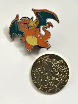 Pokemon - Celebrations 25th Charizard Pikachu UPC Pin and Charizard Coin - Image 1