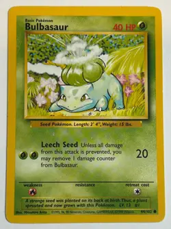 Bulbasaur 44/102 Base Set Pokemon Card 1999 Wizards VG+ - Image 1