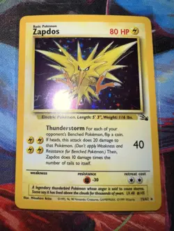 Vintage Pokemon TCG Fossil Zapdos 15/62 Holo Rare Card NEAR MINT no scratches - Image 1