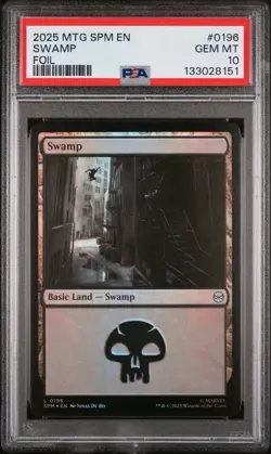 2025 MTG SPIDER-MAN #0196 SWAMP (FOIL) PSA 10 - POP 1 - Image 1