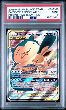 2019 POKEMON SM BLACK STAR PROMO TAG TEAM TINS FULL ART/EEVEE & SNORLAX GX PSA 9 - Image 1