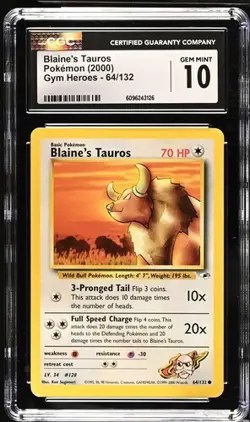 Pokemon Blaine's Tauros 2000 Gym Heroes 64/132 CGC 10 - Image 1