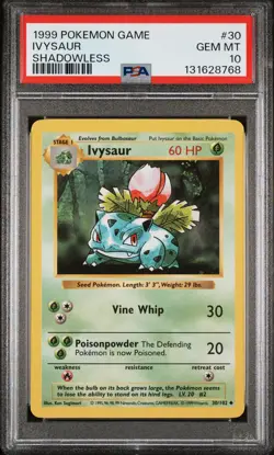 1999 POKEMON BASE SET SHADOWLESS #30 IVYSAUR PSA 10 - Image 1
