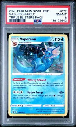 Vaporeon SWSH072 PSA 8 Holo Triple Blisters Pack Promo Pokemon Card Swirl 🌀🔥 - Image 1
