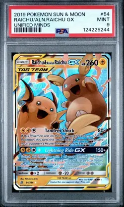 Raichu & Alolan Raichu GX 54/236 Unified Minds PSA 9 Mint Pokemon Card - Image 1
