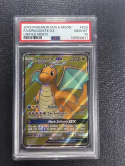 2019 Pokemon Sun & Moon Unified Minds DRAGONITE GX Full Art #229 PSA 10 Gem Mint - Image 1