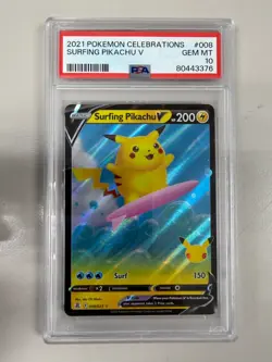 2021 Pokemon Celebrations Surfing Pikachu V Full Art PSA 10 Gem Mint 80443376 - Image 1