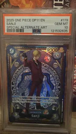 2025 ONE PIECE OP11-A FIST OF DIVINE SPEED #119 SANJI SPECIAL ALT ART PSA 10 GEM - Image 1
