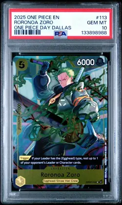 2025 ONE PIECE OP07-113 RORONOA ZORO ONE PIECE DAY DALLAS PROMO ENGLISH PSA 10 - Image 1