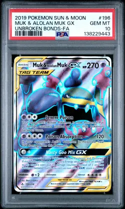 2019 POKEMON SUN & MOON UNBROKEN BONDS #196 FULL ART/MUK & ALOLAN MUK GX PSA 10 - Image 1