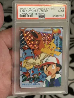 1998 POKEMON JAPANESE BANDAI CARDDASS VENDING #45 ASH & OTHERS PRISM PSA 9 MINT - Image 1