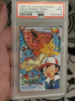 1998 POKEMON JAPANESE BANDAI CARDDASS VENDING #45 ASH & OTHERS PRISM PSA 9 MINT - Image 2
