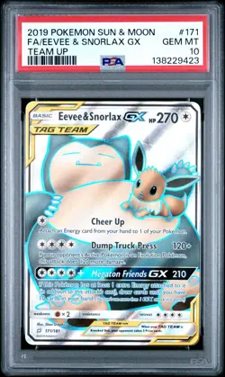 2019 Pokemon Sun & Moon Team Up Eevee & Snorlax GX 171 Tag Team PSA 10 Gem Mint - Image 1