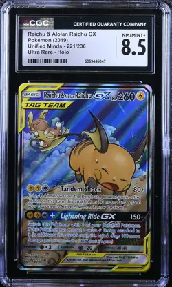 CGC 8.5 Raichu & Alolan Raichu Gx 221/236 Ultra Rare Holo Pokemon Nm/mint+ - Image 1