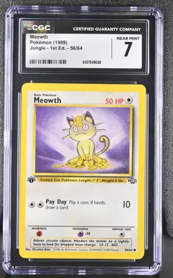 CGC NEAR MINT 7 Pokemon Meowth 56/64 1999 Jungle 1st Edition - Image 1