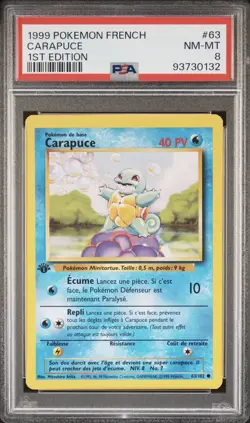 1999 Pokemon FRENCH 1st Edition Base Set Carapuce-Squirtle 63/102 PSA 8 NM-MT - Image 1
