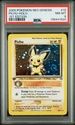 2000 Pokemon Neo Genesis 1st Edition Pichu Holo Rare #12 Double Swirl PSA 8 - Image 1