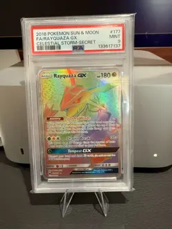 2018 Pokemon Rayquaza GX Full Art Celestial Storm Secret Rare Sun Moon 177 PSA 9 - Image 1