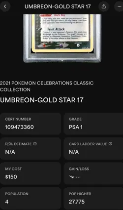 Pokemon Umbreon Gold Star 17/17 Celebrations Classic Collection Holo PSA - Image 3