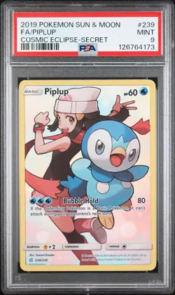 2019 POKEMON SUN & MOON COSMIC ECLIPSE SECRET #239 FULL ART/PIPLUP PSA 9 - Image 1