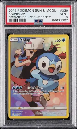 2019 POKEMON SUN & MOON COSMIC ECLIPSE SECRET #239 FULL ART/PIPLUP PSA 9 - Image 1