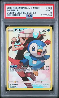 2019 POKEMON SUN & MOON COSMIC ECLIPSE SECRET #239 FULL ART/PIPLUP PSA 9 - Image 1