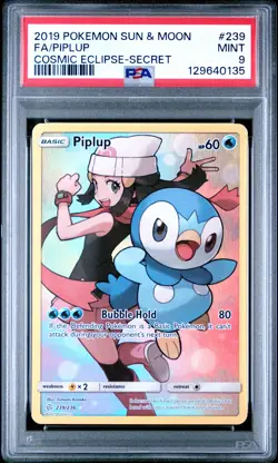 2019 POKEMON SUN & MOON COSMIC ECLIPSE SECRET #239 FULL ART/PIPLUP PSA 9 - Image 1