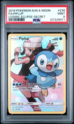2019 POKEMON SUN & MOON COSMIC ECLIPSE SECRET #239 FULL ART/PIPLUP PSA 9 - Image 1