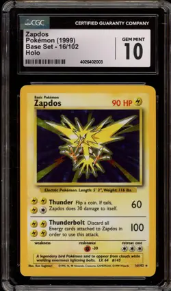 Pokemon Zapdos Base Set Unlimited Holo Rare #16 CGC 10 Gem Mint - Image 1