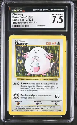 CGC 7.5 Chansey 1999 Base Set 3/102 Shadowless Holo Pokemon Card - Image 1